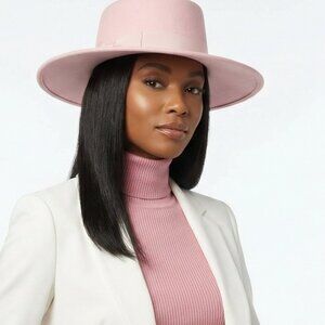 Wide Brim Boater Hat in Faux Felt - Structured Hat with Ribbon Pink